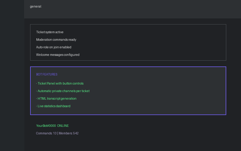 Discord bot example: ticket system, moderation commands, and member management